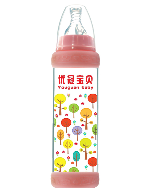 優(yōu)冠寶貝標(biāo)口防護玻璃奶瓶240ml紅色